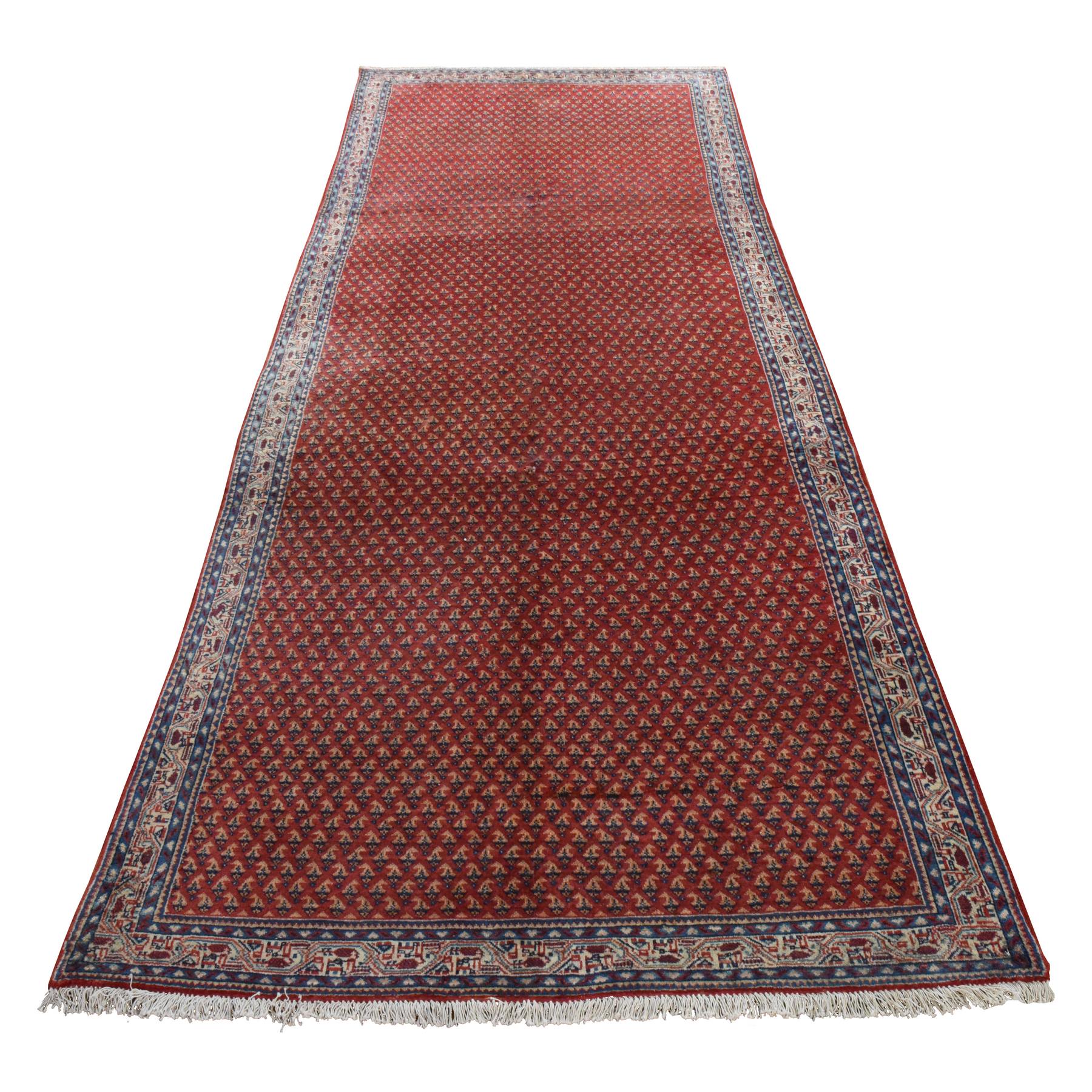 4'6"x10'9" Dahlia Red, Vintage Persian Serab with All Over Repetitive Design, 100% Wool, Hand Knotted, Good Condition, Clean, Wide Runner, Oriental Rug 